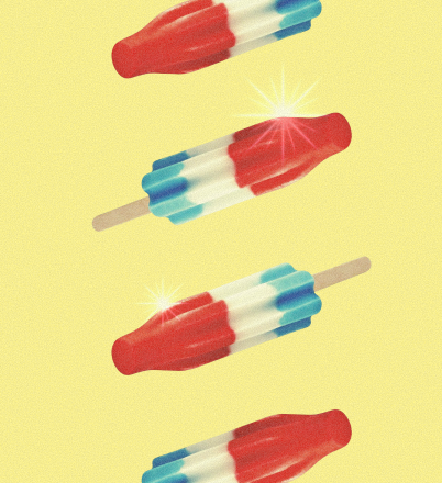 Illustration of four classic red, white, and blue rocket popsicles arranged diagonally on a pale yellow background, with two popsicles sparkling in the center.