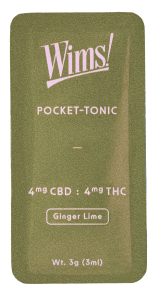 Dark green Wims Ginger Lime Pocket-Tonic™ sachet with light pink lettering, labeled 4mg CBD, 4mg THC, net weight 3g (3ml).