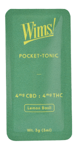 Green Wims Lemon Basil Pocket-Tonic™ sachet with yellow lettering, labeled 4mg THC, 4mg CBD, net weight 3g (3ml).