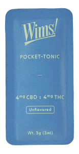 Blue Unflavored Wims Pocket-Tonic™ sachet with light green lettering, labeled 4mg THC, 4mg CBD, net weight 3g (3ml).