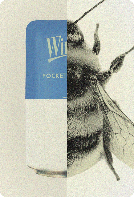 Vintage-style collage combining Unflavored Wims Pocket-Tonic™ packaging with a close-up of a bumblebee.