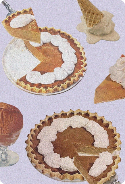 A vintage-style collage featuring pumpkin pies with whipped cream, slices being served, a scoop of chocolate ice cream in a glass dish, and a melting ice cream cone on a pastel background.