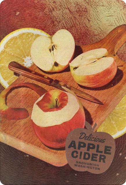 Vintage-style collage of fresh apples and lemon slices on a wooden cutting board with a cinnamon stick and apple cider label.