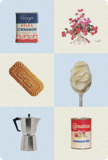 Six-tile collage showing cinnamon, ginger with flowers, a Biscoff cookie, whipped cream on a spoon, a moka pot, and condensed milk.