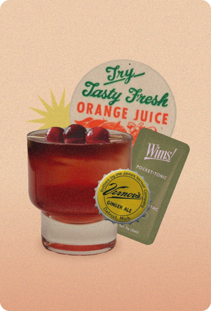 Glass of cranberry-orange ginger ale mocktail filled with ice and topped with fresh cranberries, set against a soft peach background with a vintage orange juice sign, a Vernors ginger ale label, and a Wims Pocket-Tonic packet displayed alongside.