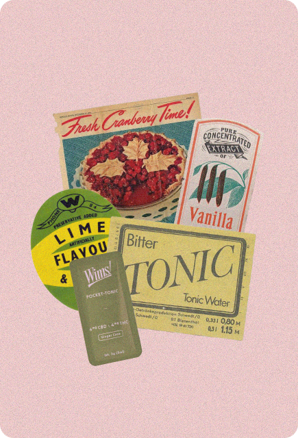 A collage of vintage-style labels including cranberries, vanilla extract, lime flavor, and tonic water, arranged behind a Wims Pocket-Tonic sachet, evoking cozy holiday flavors.