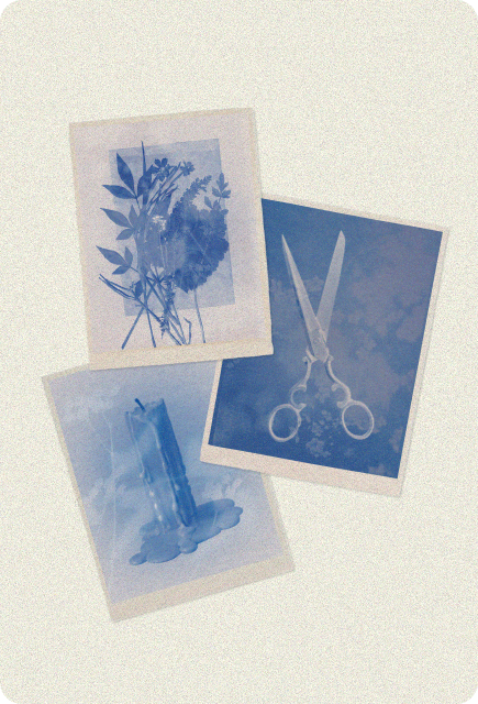 Three vintage-style cyanotype prints arranged on a light textured background. The first print shows pressed leaves and flowers, the second features a pair of scissors, and the third depicts a melting candle with dripping wax.