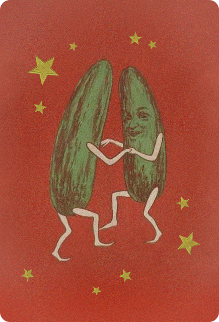 Playful illustration of two cucumbers dancing against a red background with stars, representing a fresh and fun cucumber mocktail with Wims.
