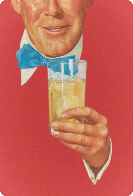 Vintage illustration of a person holding a sparkling drink on a red background as a customizable NA bar drink with Wims.