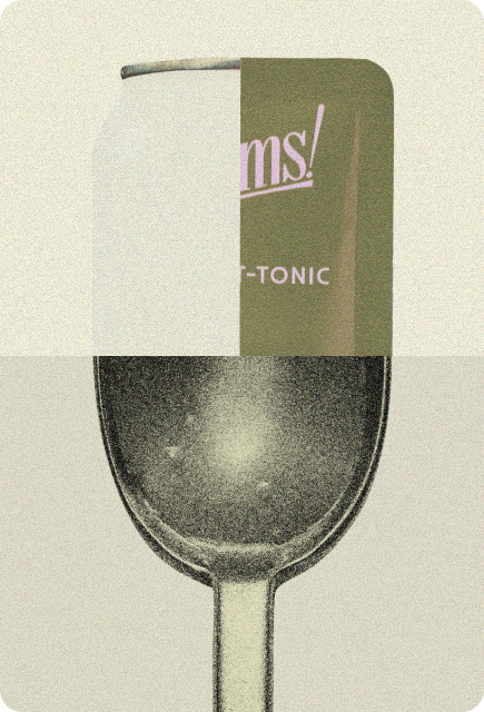 Vintage-style collage combining a stemmed drinking glass with Ginger Lime Wims Pocket-Tonic™ packaging.