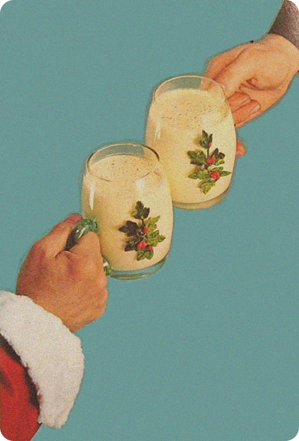 Two hands clink festive holiday mugs filled with creamy eggnog; one hand is dressed in a Santa-style red sleeve with white fur, and the other reaches in from the opposite side, all set against a teal background.