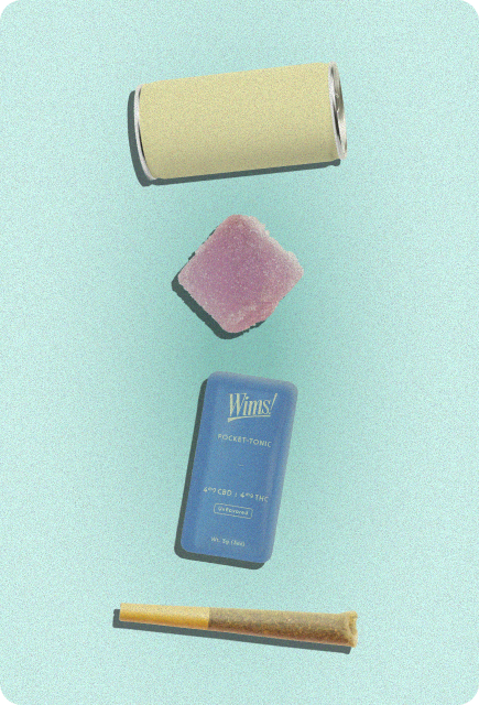 Unflavored Wims Pocket-Tonic with a gummy, pre-roll, and beverage can on a teal background.