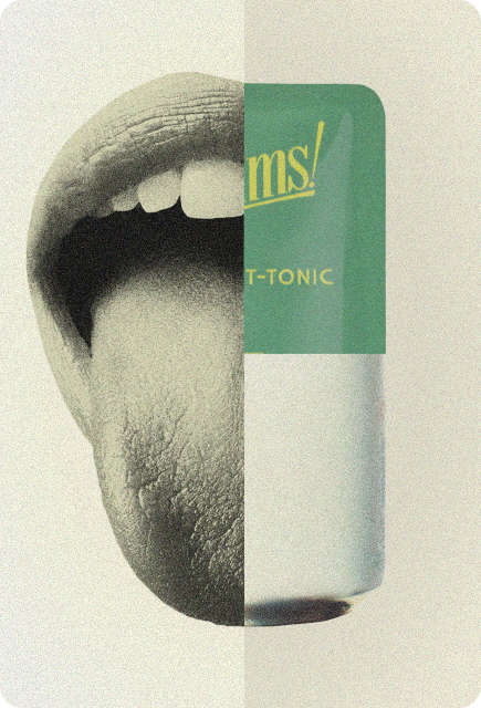 Vintage-style collage combining a close-up of a mouth and tongue with Lemon Basil Wims Pocket-Tonic™ packaging.