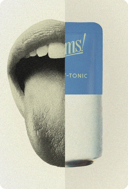 Vintage-style collage combining a close-up of a mouth and tongue with Unflavored Wims Pocket-Tonic™ packaging.