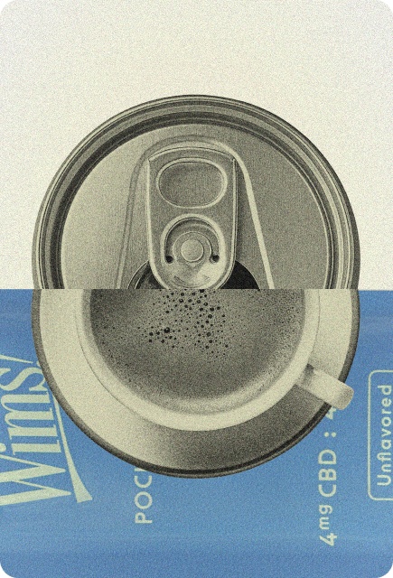 Vintage-style collage of a beverage can viewed from above layered over Unflavored Wims Pocket-Tonic™ packaging.