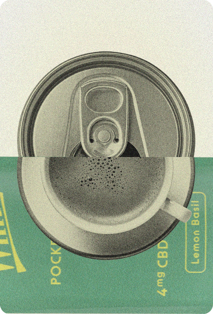 Vintage-style collage of a beverage can viewed from above layered over Lemon Basil Wims Pocket-Tonic™ packaging.