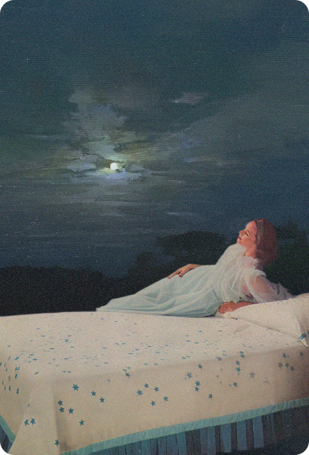Dreamy bedroom scene with a person relaxing under moonlight, representing calm nighttime rituals for better sleep.