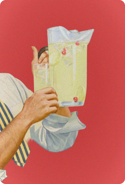 Retro-style cowboy standing on a horse against a red background, paired with a ginger ale and juice NA drink to mix with Wims.