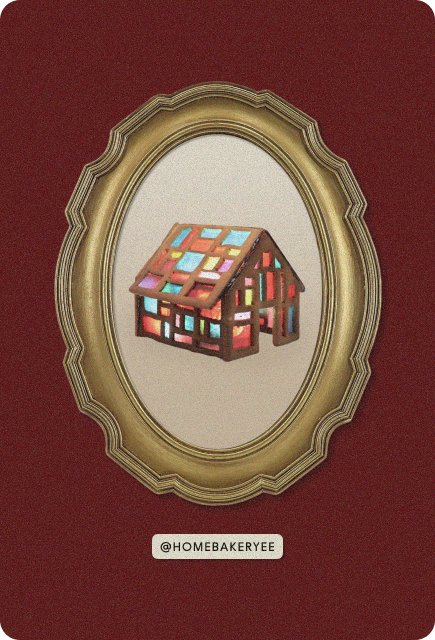 A colorful gingerbread house with stained-glass candy windows in vibrant hues, glowing with light from inside, created by @homebakeryee.