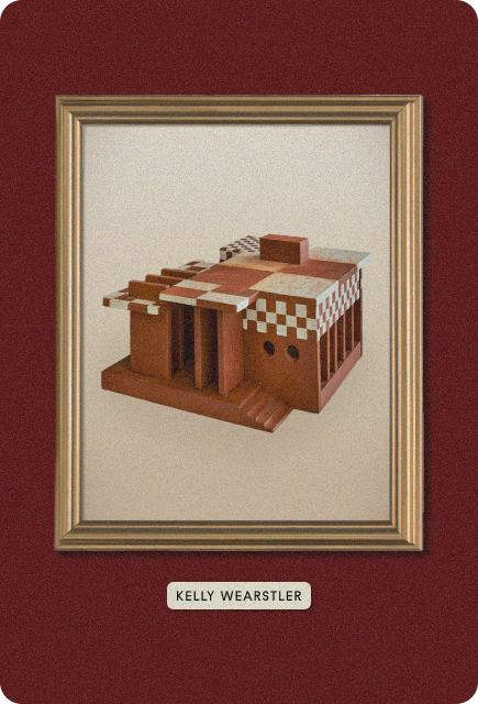 A modernist gingerbread house with brutalist-style geometric shapes and a chocolate checkerboard exterior, designed by Kelly Wearstler.
