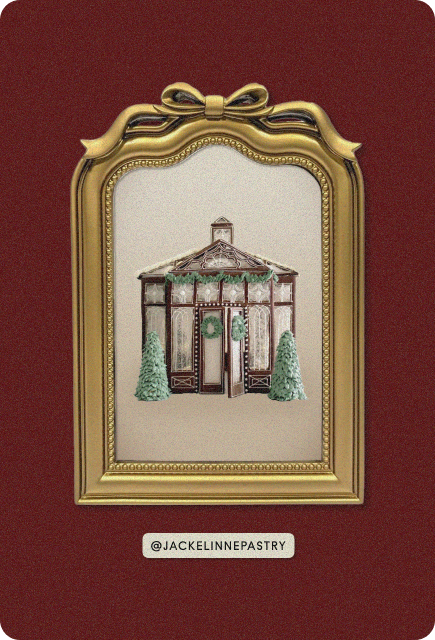 A pavilion-style gingerbread house with wide windows and delicate sugar decorations, illuminated like a holiday greenhouse, made by @jackelinnepastry.