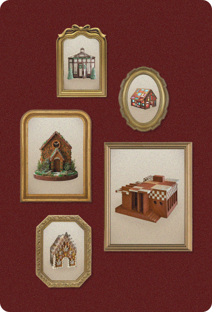 A gallery-style arrangement of framed gingerbread house photos displayed against a deep red background, featuring five unique edible structures — including a modern geometric house, a colorful candy cottage, a rustic cabin, a detailed cathedral-like design, and a greenhouse-inspired build.