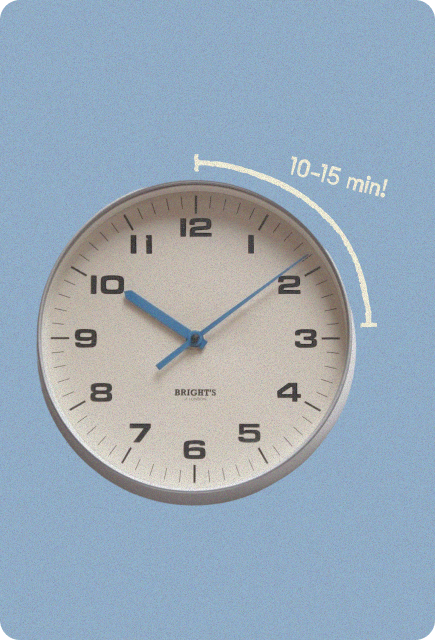 Minimal clock illustration showing the 10–15 minute onset time for Wims Pocket-Tonic™ effects.