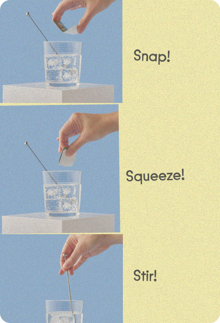 Step-by-step visuals showing Wims being snapped, squeezed, and stirred into sparkling water.
