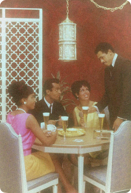 Vintage-inspired dinner party scene with friends gathered around drinks and conversation, representing relaxed social hosting with Wims.