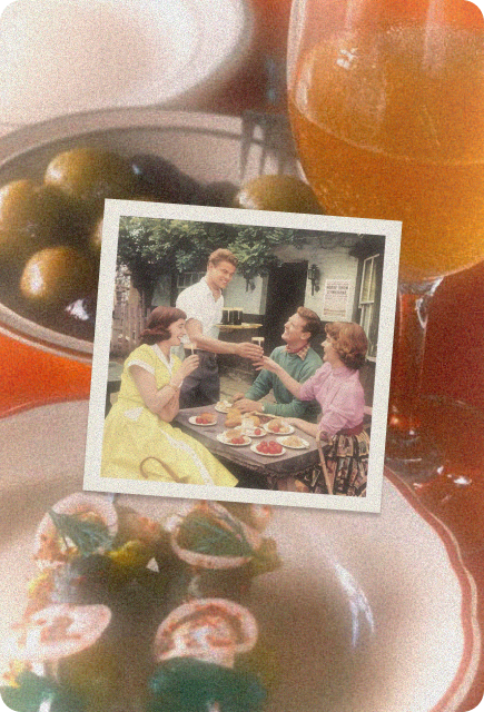 Vintage-inspired dinner gathering with appetizers, olives, and cocktails, representing relaxed hosting and shared moments with friends.
