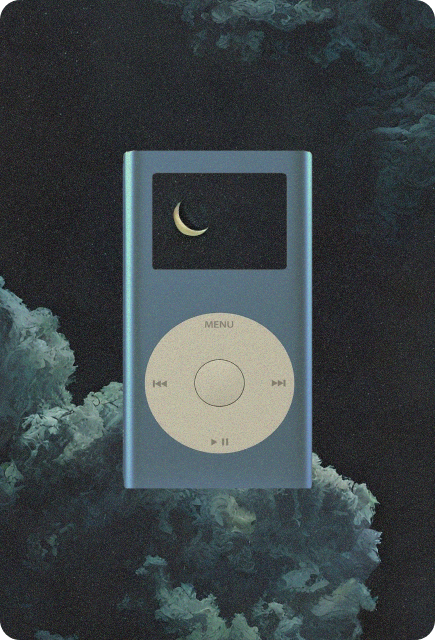 Music player with a crescent moon on screen surrounded by clouds, representing calming music for sleep.