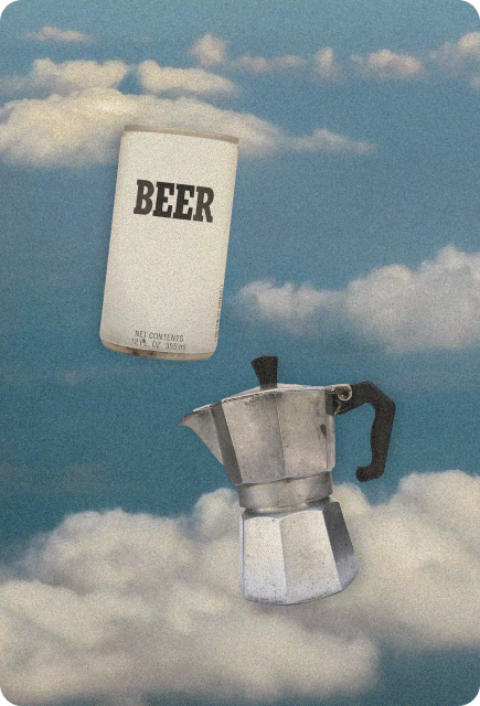 Floating beer glass and stovetop espresso maker among clouds, representing daytime drink choices and alternatives for better sleep with Wims.