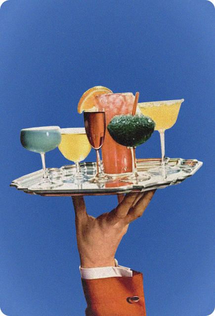 Hand holding a tray of colorful mocktails and cocktails as inspiration for NA bar drinks to mix with Wims.