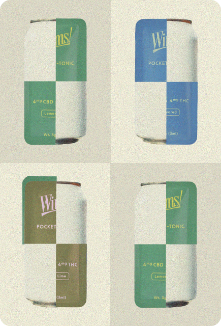 Vintage-style collage of beverage cans combined with Lemon Basil, Unflavored, and Ginger Lime Wims Pocket-Tonic™ packaging, representing THC mixers vs. canned THC drinks.