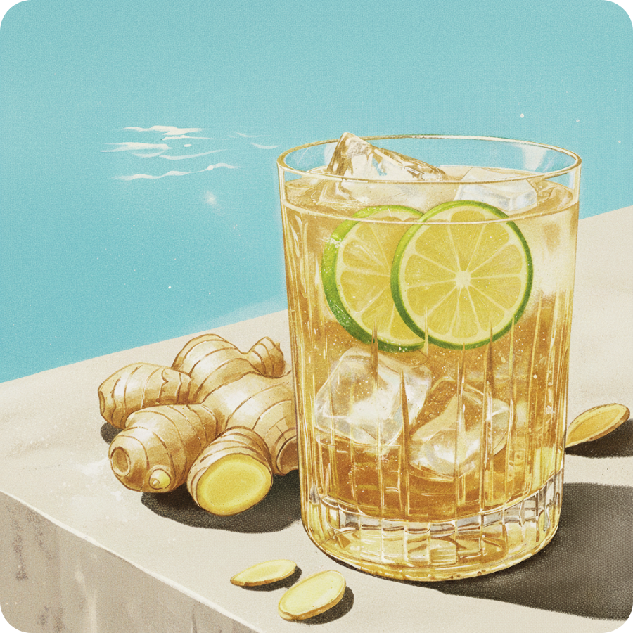 A refreshing glass of iced ginger lime drink sits on a sunlit surface beside fresh ginger roots and slices. Two lime wheels float on top of the golden drink, and the background shows clear blue water, evoking a bright, summery vibe.
