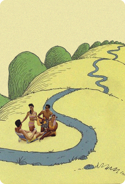 Illustrated group of friends sitting together on folding chairs in a sunny, rolling landscape, gathered beside a winding path through green hills, creating a relaxed, social outdoor moment in a whimsical storybook style.