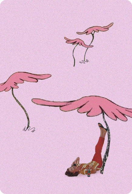 Surreal illustration of a person floating upside down against a pastel pink sky, gently lifted by large pink winged shapes on strings, creating a dreamy, playful sense of weightlessness in a whimsical, storybook-style scene.