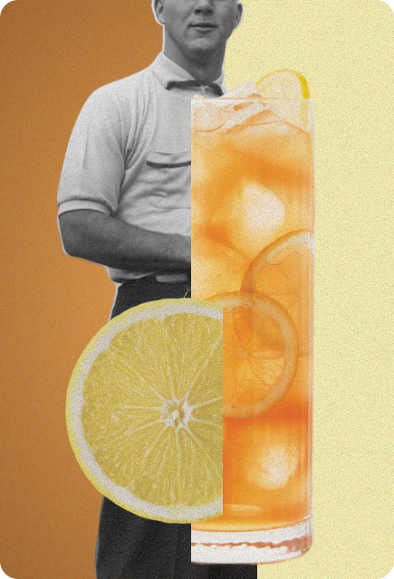 Tall iced tea and lemonade mocktail with lemon slices overlaid on a vintage figure, representing a refreshing Palmer-style drink made with Wims.