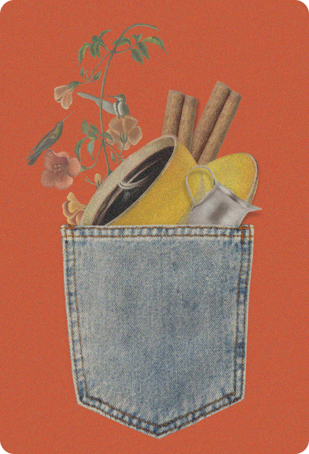 A denim jeans pocket filled with a yellow mug, cinnamon sticks, flowers, and a small pitcher, set against an orange background.