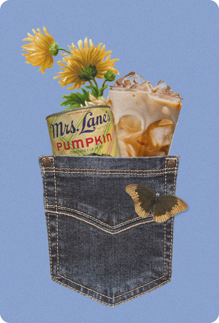 A denim pocket filled with a vintage pumpkin purée can holding yellow flowers and a glass of iced coffee, with a butterfly resting on the pocket against a soft blue background.