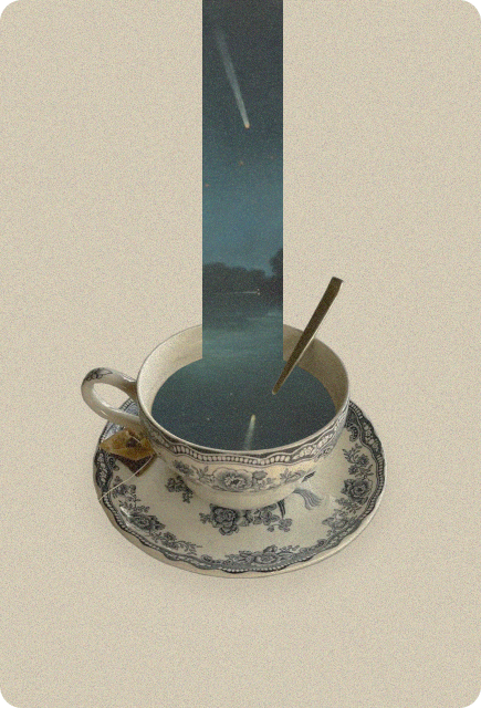 Cup of tea with a dreamy night sky overlay, representing a calming nighttime drink ritual with Wims.