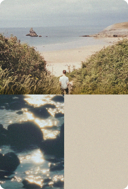 Soft coastal scene with people walking along the beach at sunset, evoking a calm, peaceful, and unwinding feeling.