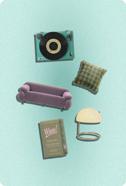 Wims Pocket-Tonic displayed with a record player, couch, cushion, and lamp on a teal background.