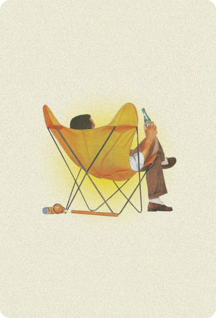 Person relaxing in a yellow lounge chair with a drink in hand, representing calm, ease, and stress relief with Wims.