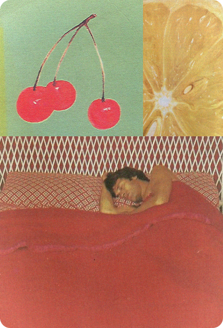 Vintage-style collage of tart cherries, a sliced lemon, and a person sleeping under red covers, representing the Sleepy Spritz and a cozy wind-down moment.