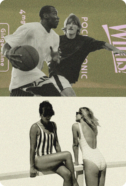 Vintage-style collage of people playing basketball and friends relaxing together, layered over Ginger Lime Wims Pocket-Tonic™ packaging.