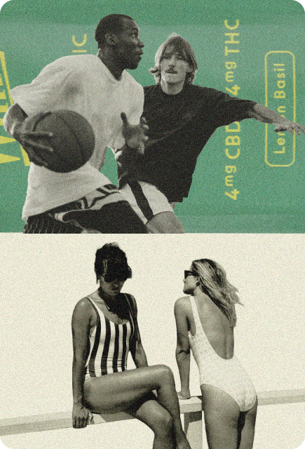 Vintage-style collage of people playing basketball and friends relaxing together, layered over Lemon Basil Wims Pocket-Tonic™ packaging.