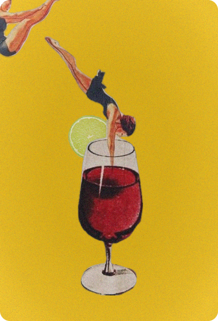 Retro-style diver diving into a red soda and bitters mocktail in a wine glass with a citrus garnish as an NA bar drink to mix with Wims.