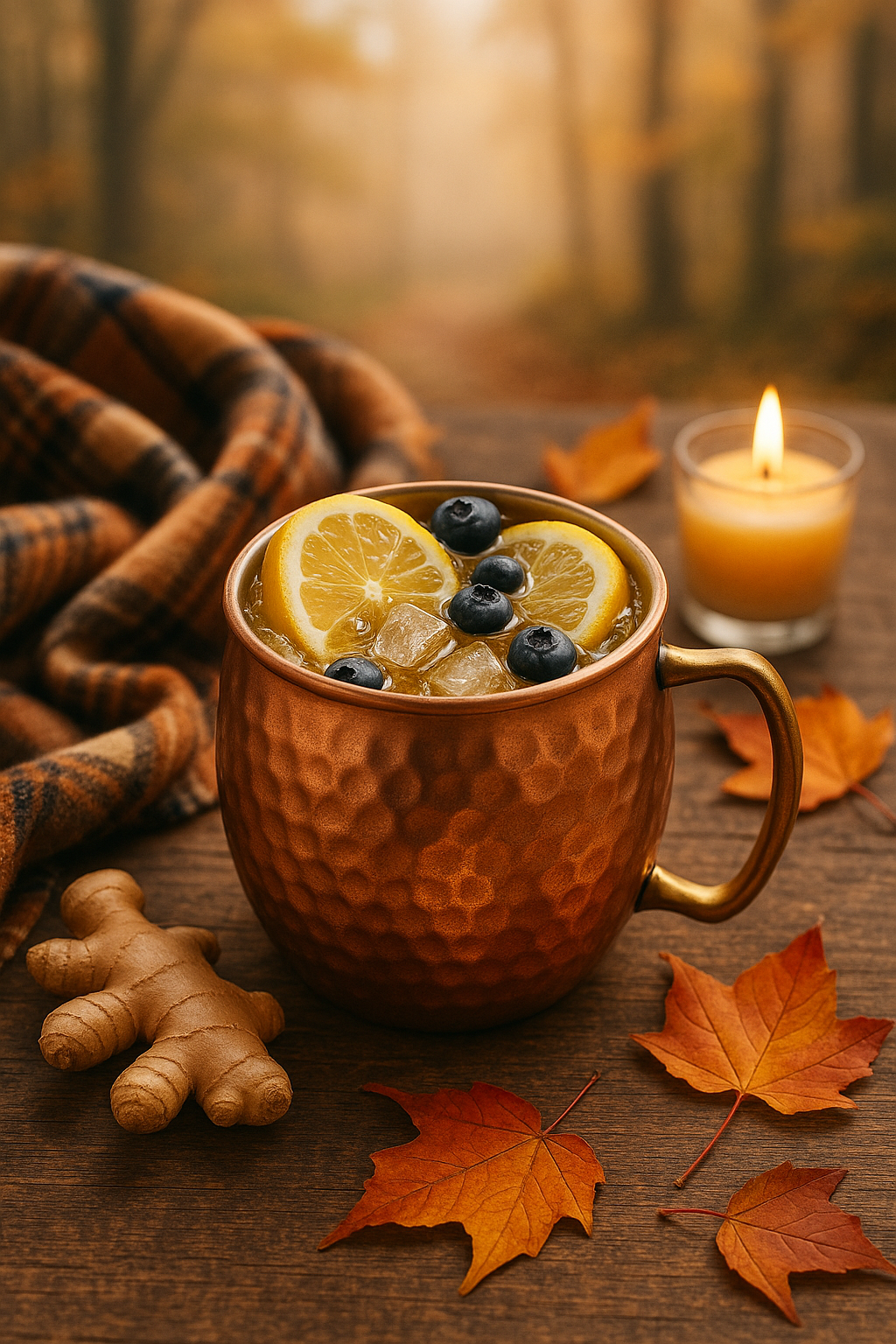 A cozy autumn scene featuring a classic copper mule cup filled with a sparkling golden drink, garnished with lemon slices, blueberries, and ice cubes. The cup sits on a rustic wooden table surrounded by vibrant orange fall leaves, fresh ginger root, a plaid scarf, and a small lit candle in the background. The warm, golden light and blurred forest backdrop create an inviting seasonal atmosphere, perfect for a non-alcoholic Moscow Mule mocktail.