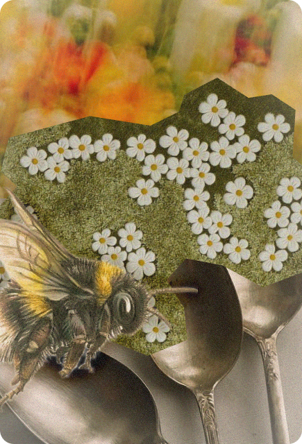 Vintage-inspired collage featuring a bumblebee, silver spoons, and clusters of white flowers on a warm floral background, representing the ingredients and sensations that shape different moods and beverage experiences.